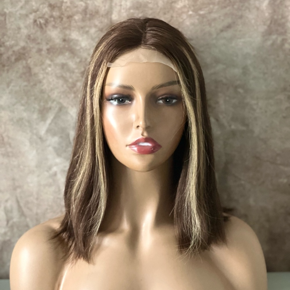 Human Hair Brown Blonde Highlighted  Lace Front Bob Wig
